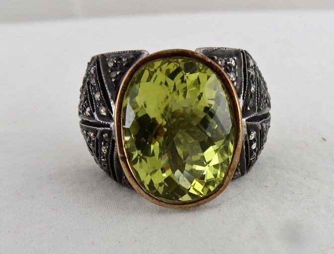 NATURAL LEMON QUARTZ OVAL GEMSTONE DIAMOND 18 K GOLD & 925 SILVER LADIES RING