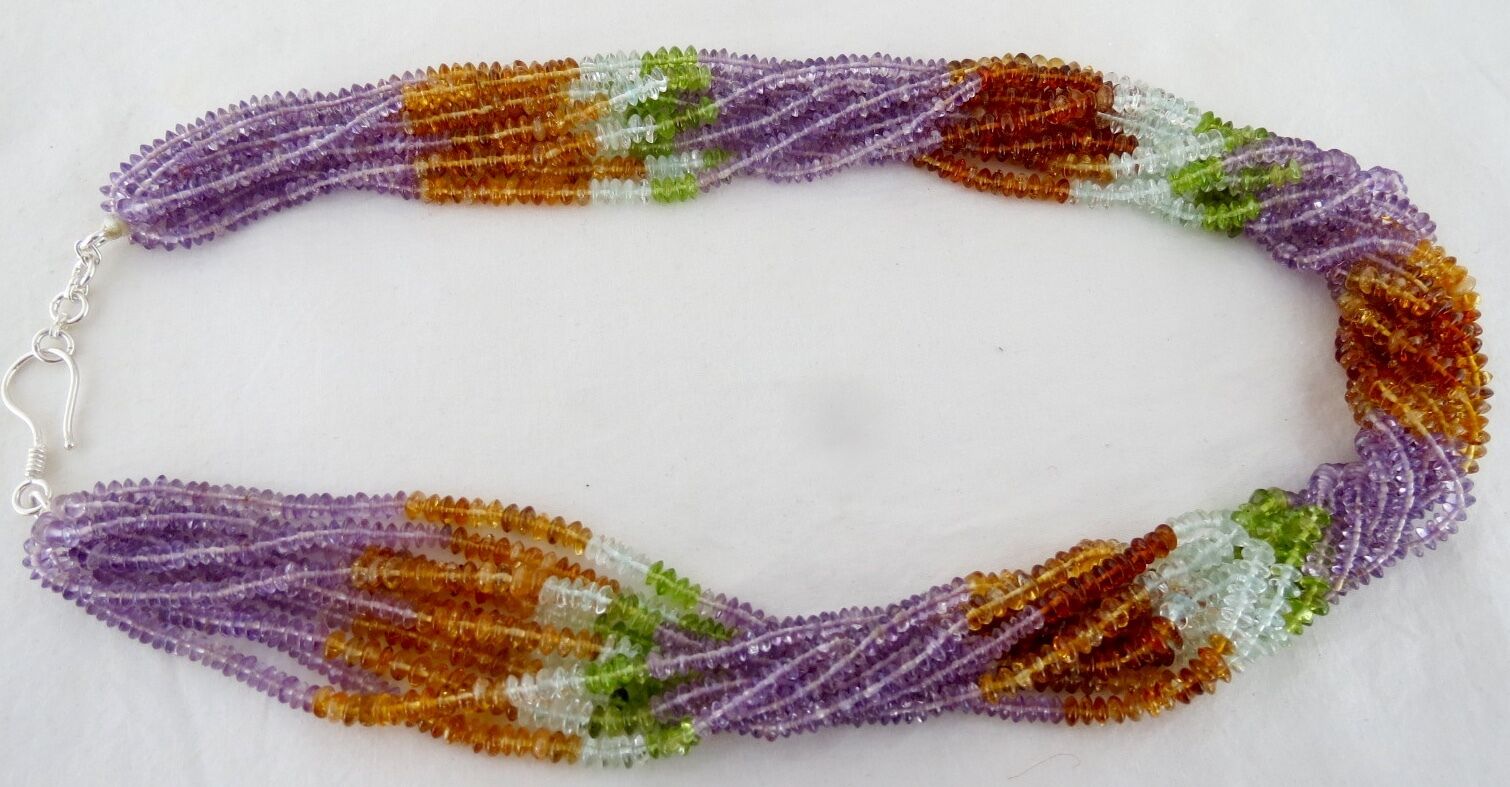 PERIDOT CITRINE AMETHYST BLUE TOPAZ AQUA 10 LINE 860 CTS ROUND BEADS NECKLACE