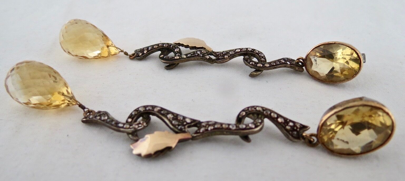 Old Antique Yellow Citrine Diamond 18K Gold 925 Silver Victorian Party Earring