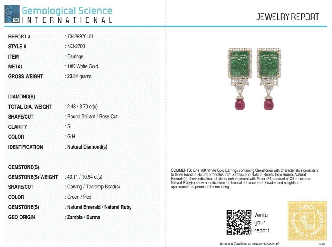 Certified 18k Gold Natural Zambia Emerald 119.2ct Ruby Diamond Earrings