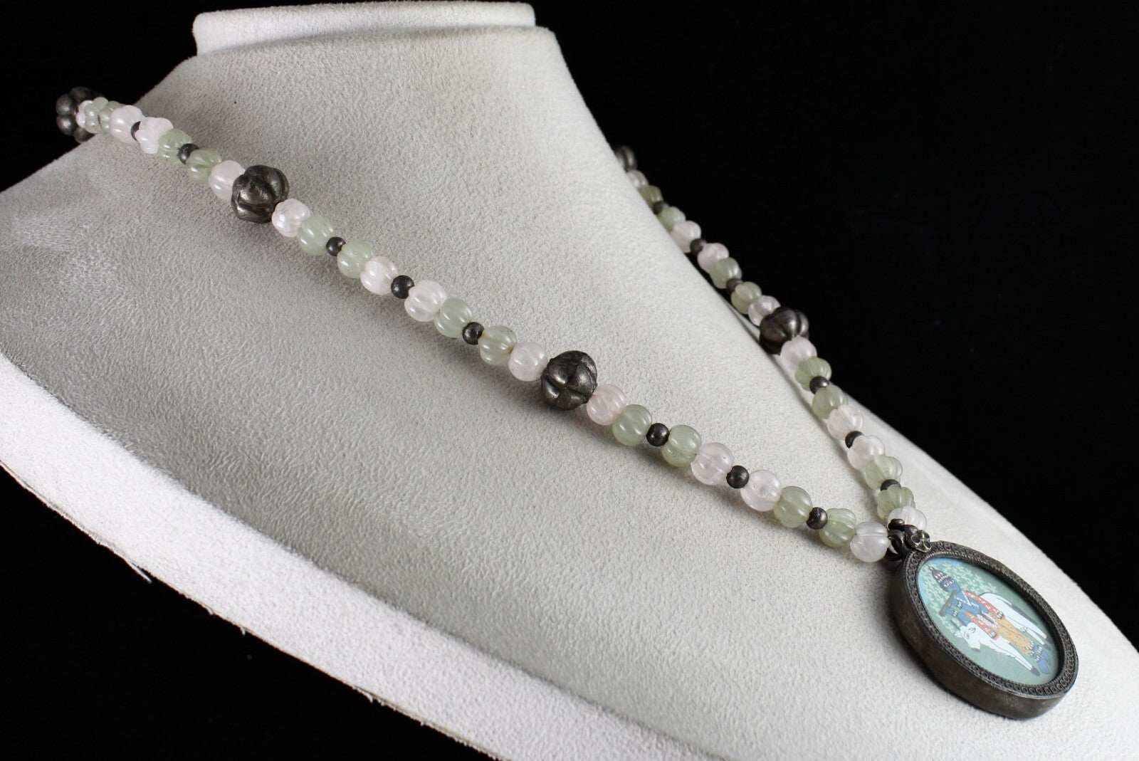 Sterling Silver Krishna Painting Pendant Rose Quartz 383ct Jade Necklace