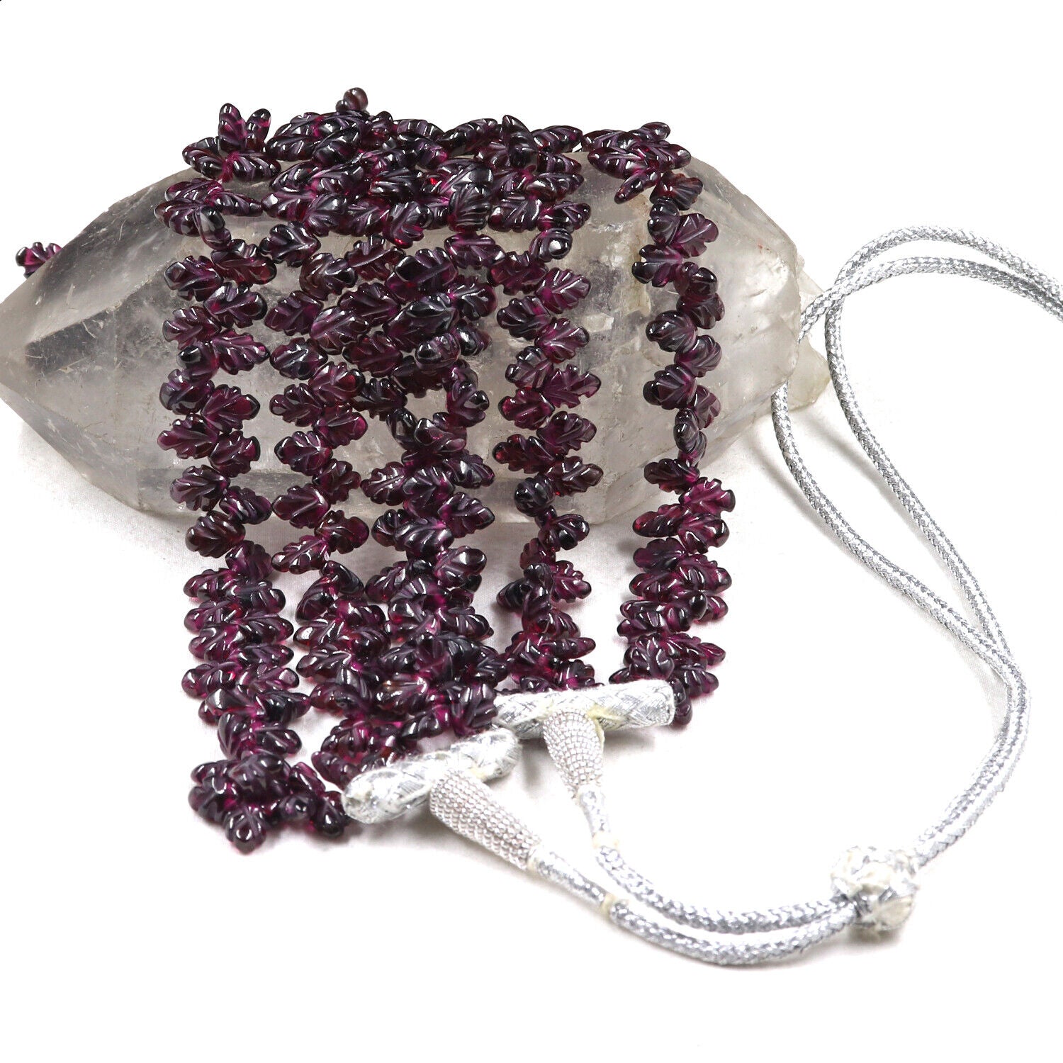 NATURAL RED GARNET BEADS CARVED LEAVES 3 LINE 820 CARATS GEMSTONE NECKLACE