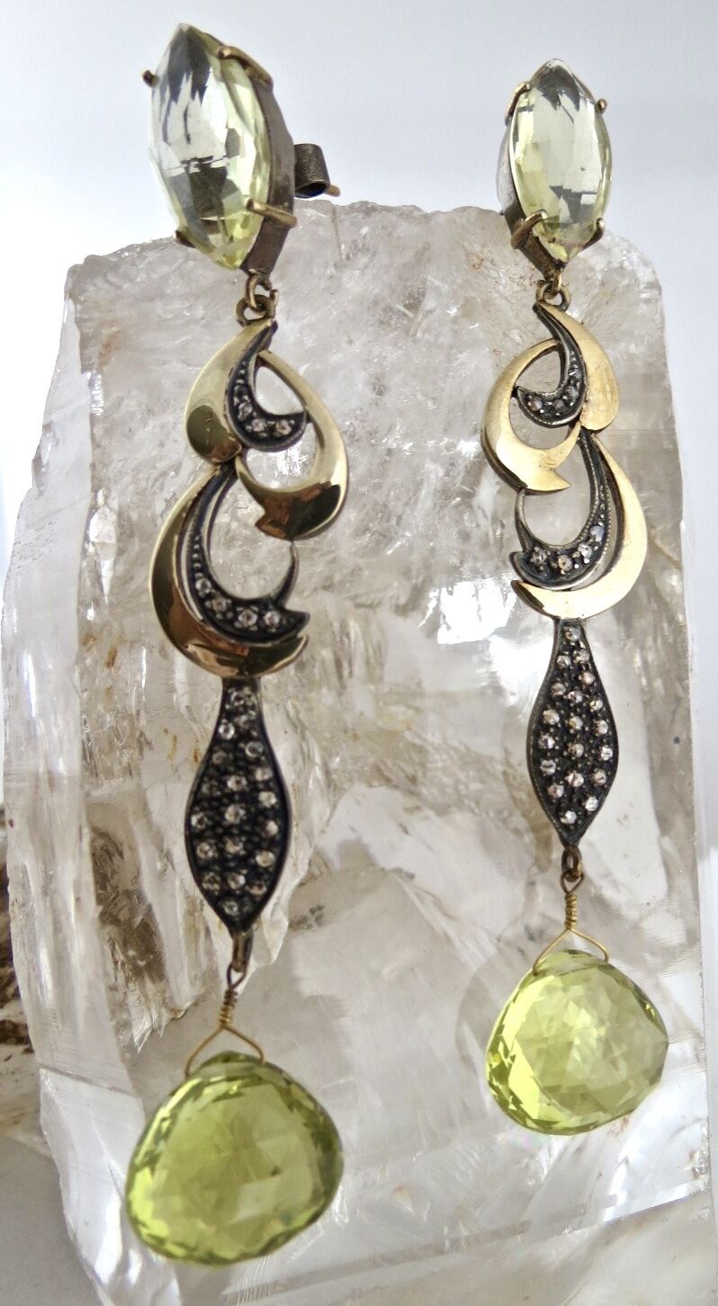 NATURAL LEMON QUARTZ TEAR DROPS DIAMOND 18K GOLD 925 SILVER VICTORIAN EARRING