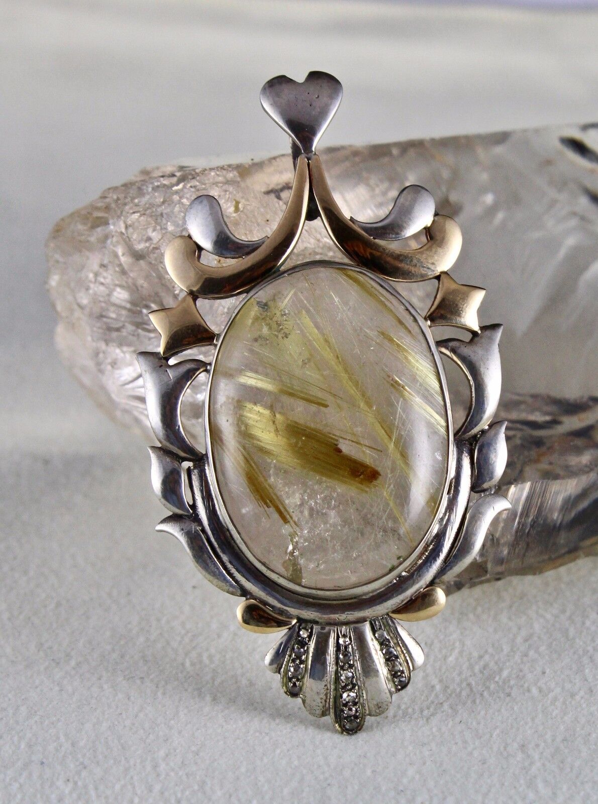 NATURAL RUTILE OVAL CABOCHON 18K GOLD DIAMOND 925 SILVER VICTORIAN PENDANT