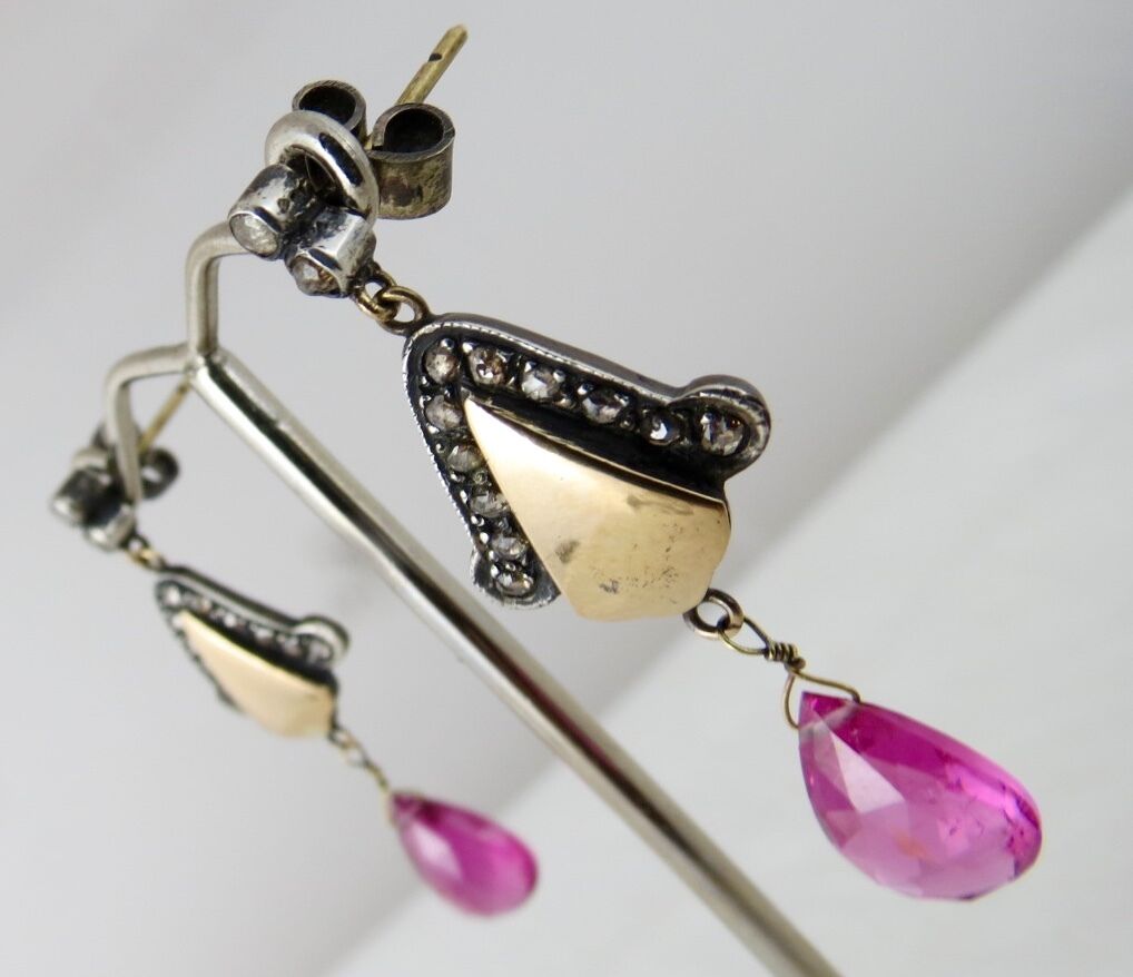 Silver Victorian Dangle Earring Studded Natural Pink Tourmaline Diamond 18k Gold