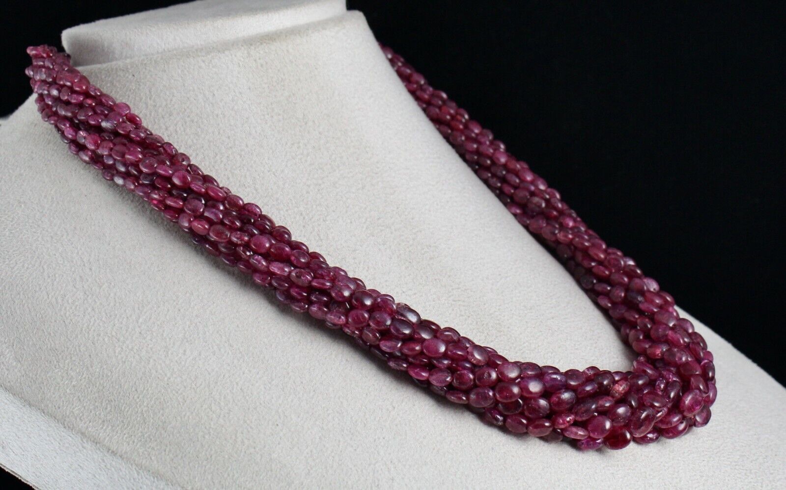 RUBY CORUNDUM BEADS LONG 11 LINE 850 CARATS OLD DYED GEMSTONE SILVER NECKLACE