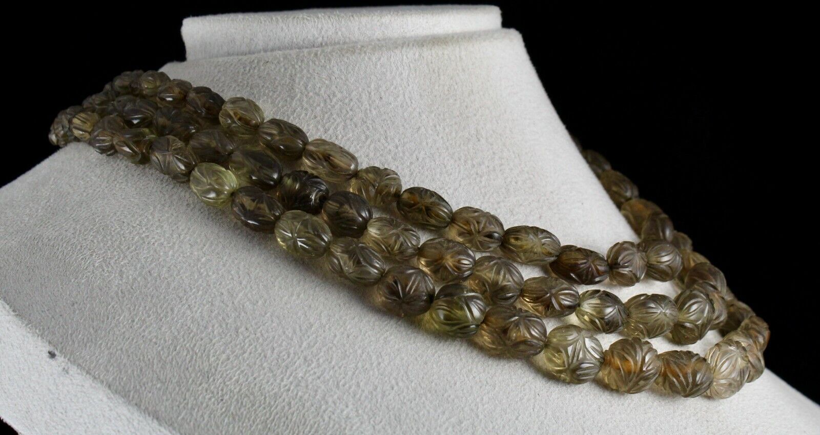 NATURAL SMOKY QUARTZ BEADS CARVED MELON 3 LINE 746 CARATS GEMSTONE NECKLACE