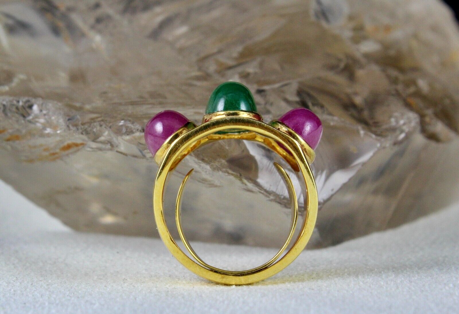 ANTIQUE NATURAL EMERALD RUBY CABOCHON GEMSTONE DIAMOND GOLD PLATED SILVER RING