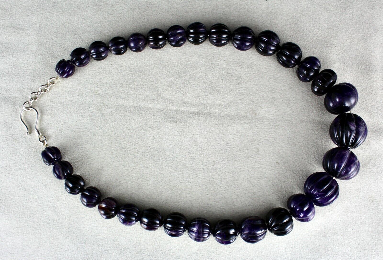 Natural Amethyst Carved Melon Bead 23mm 810 Cts Gemstone Silver Fashion Necklace