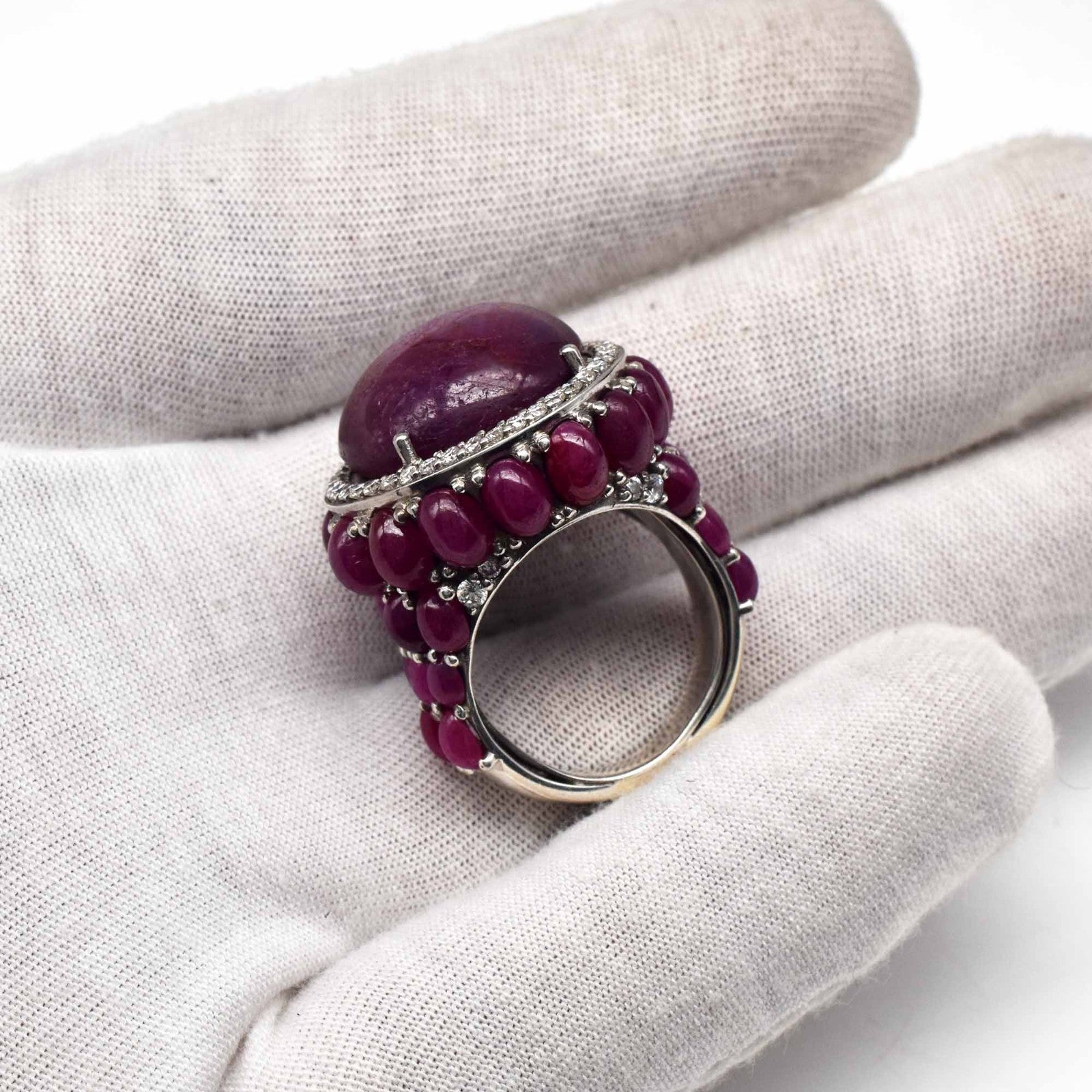 Natural Ruby Star Cabochon Cubic Zirconia Red Gemstone Silver Cocktail Ring