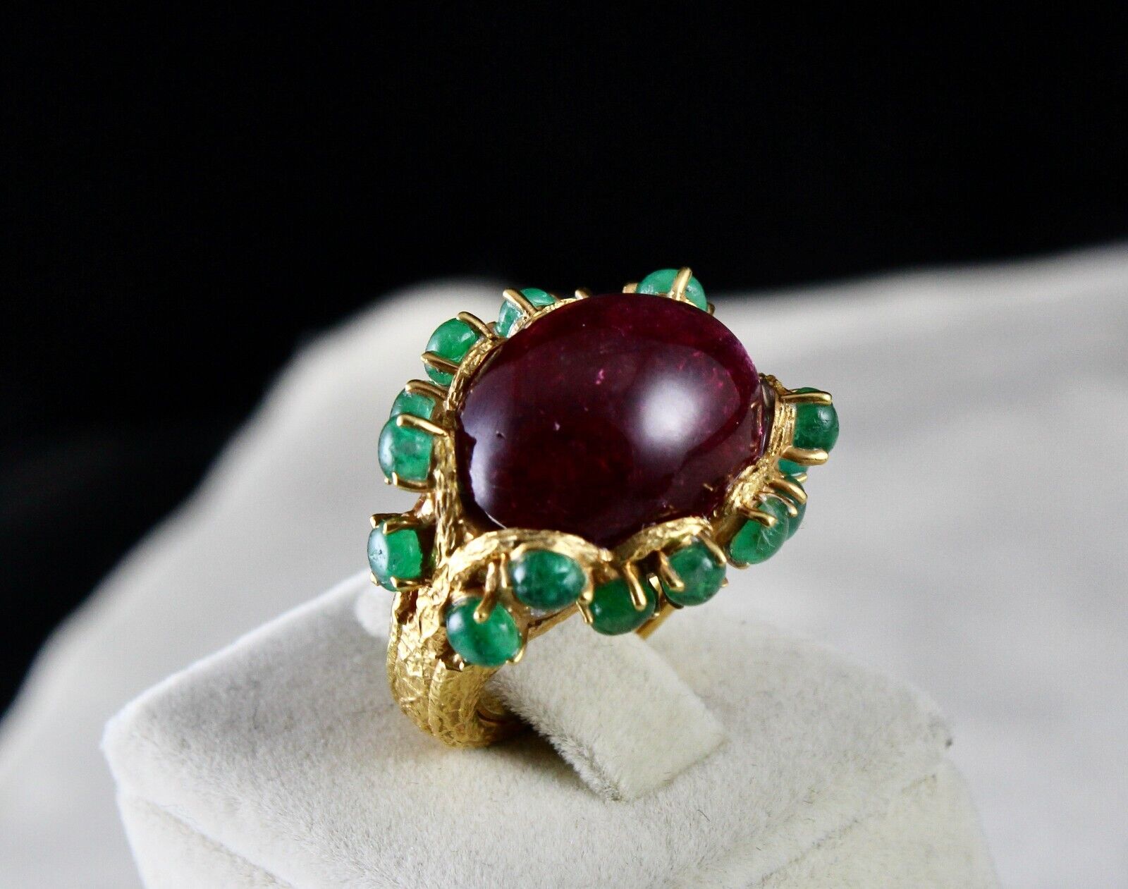 UNIQUE NATURAL PINK TOURMALINE EMERALD CABOCHON CARVED SILVER GOLD PLATED RING