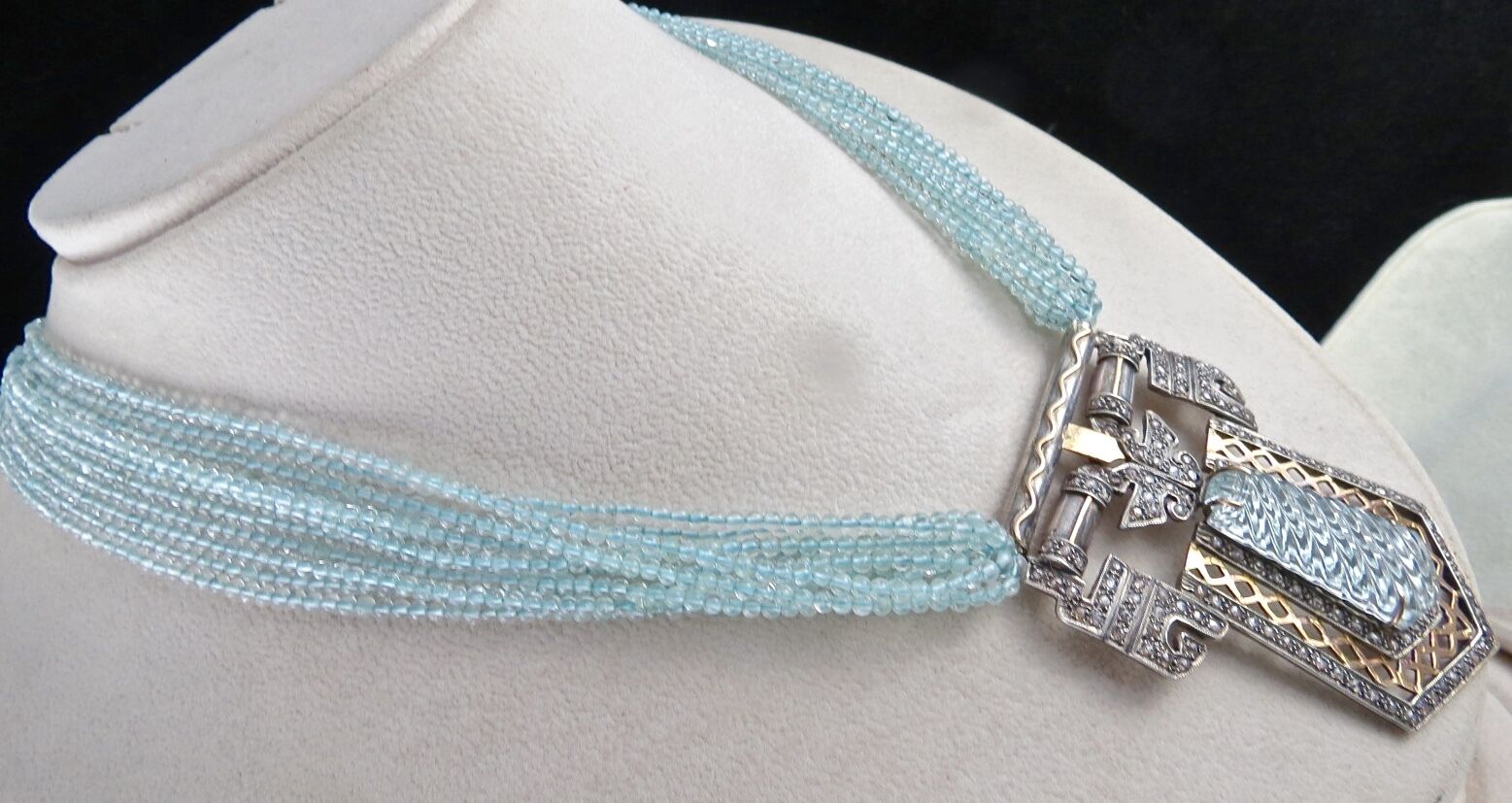 BLUE AQUAMARINE STONE & BEADS DIAMOND GOLD SILVER VICTORIAN EARRING PENDANT SET