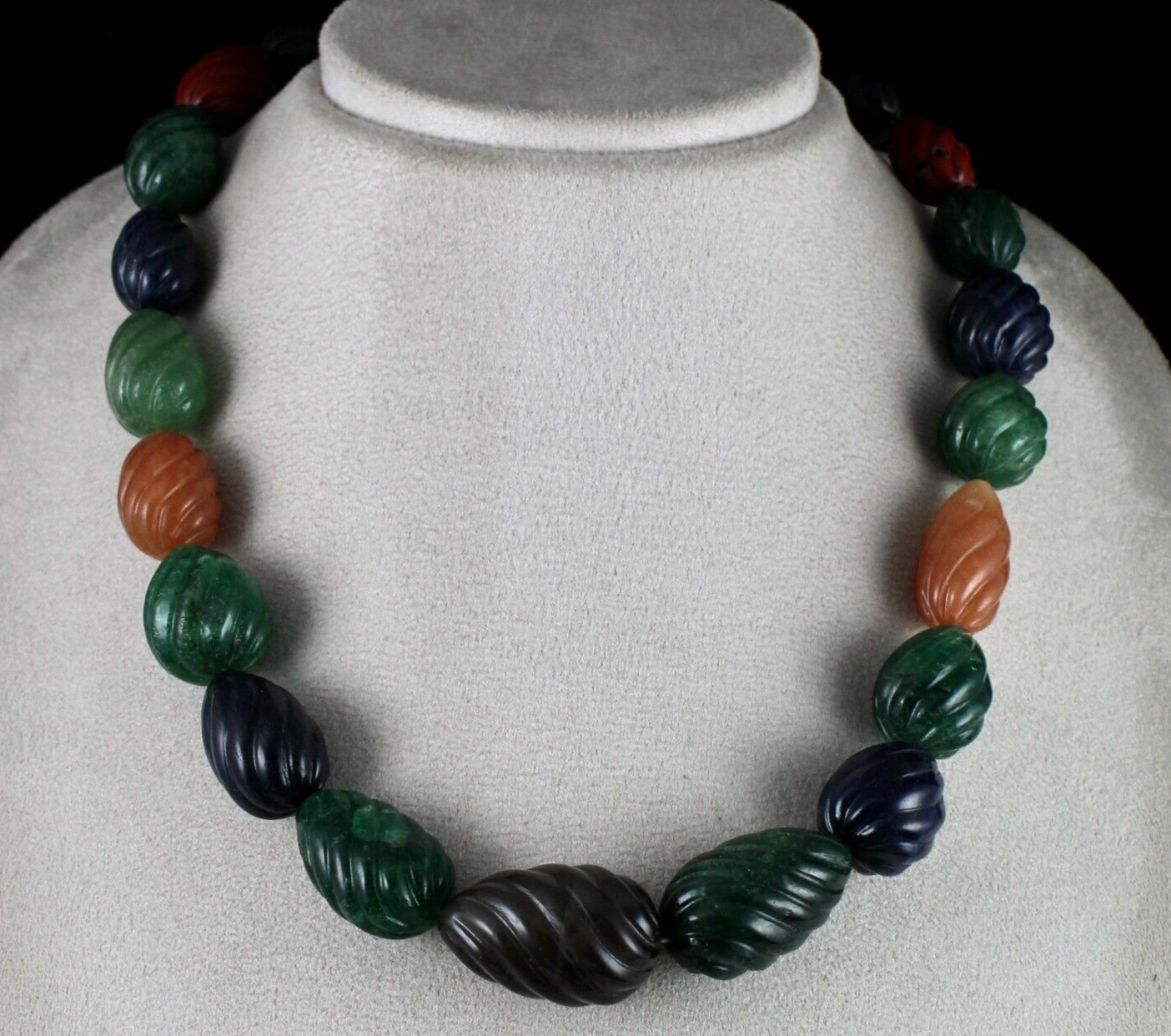 Natural Semi Precious Carved Melon Beads Necklace 942 Cts Gemstone Silver Clasp