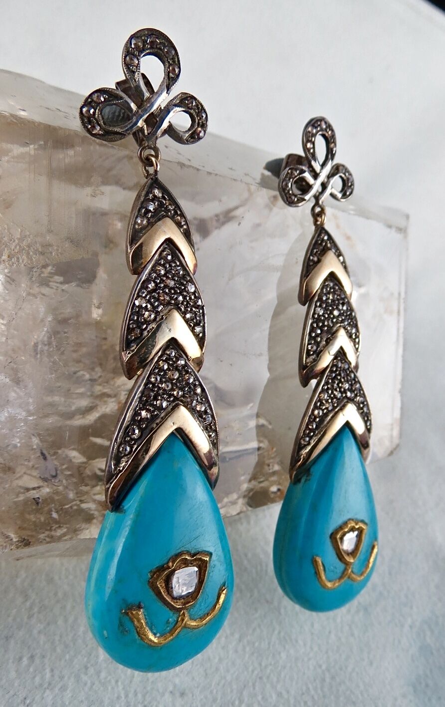 FINEST TURQUOISE DIAMOND 18K GOLD 925 SILVER JADAU GEMSTONE VICTORIAN EARRING