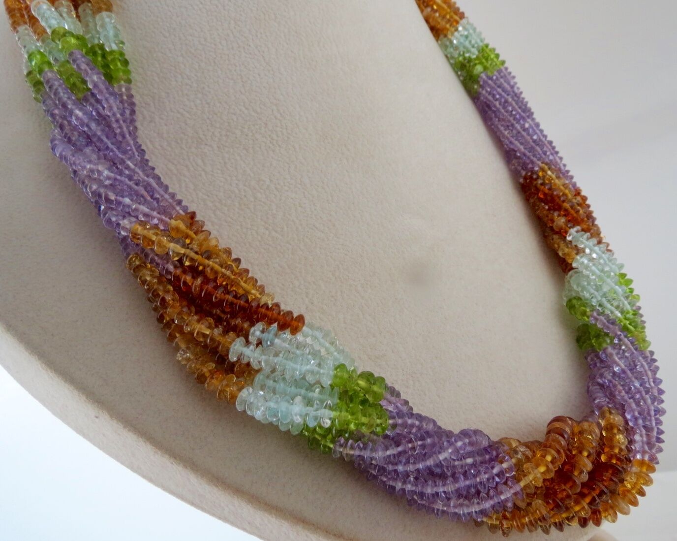 PERIDOT CITRINE AMETHYST BLUE TOPAZ AQUA 10 LINE 860 CTS ROUND BEADS NECKLACE