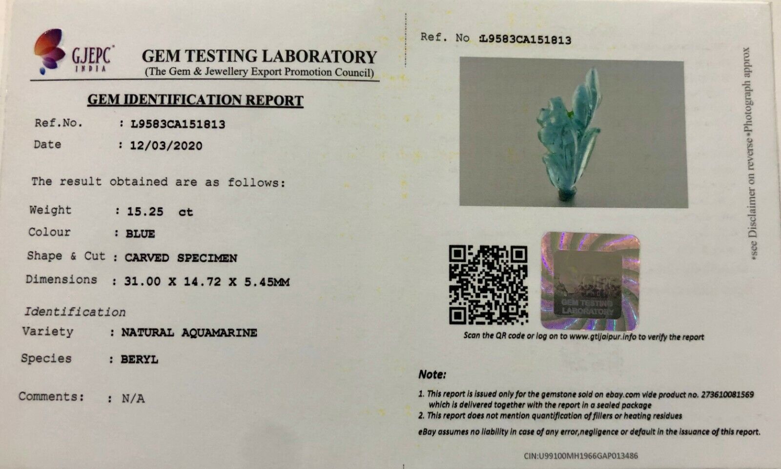 GTL CERTIFIED NATURAL BLUE AQUAMARINE CARVED LEAF 15.25 CTS GEMSTONE FOR DESIGN