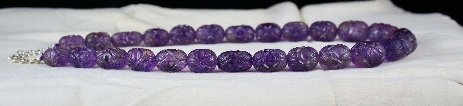 NATURAL AMETHYST ENGRAVED BEADS 955 CT PURPLE GEMSTONE SILVER VINTAGE NECKLACE