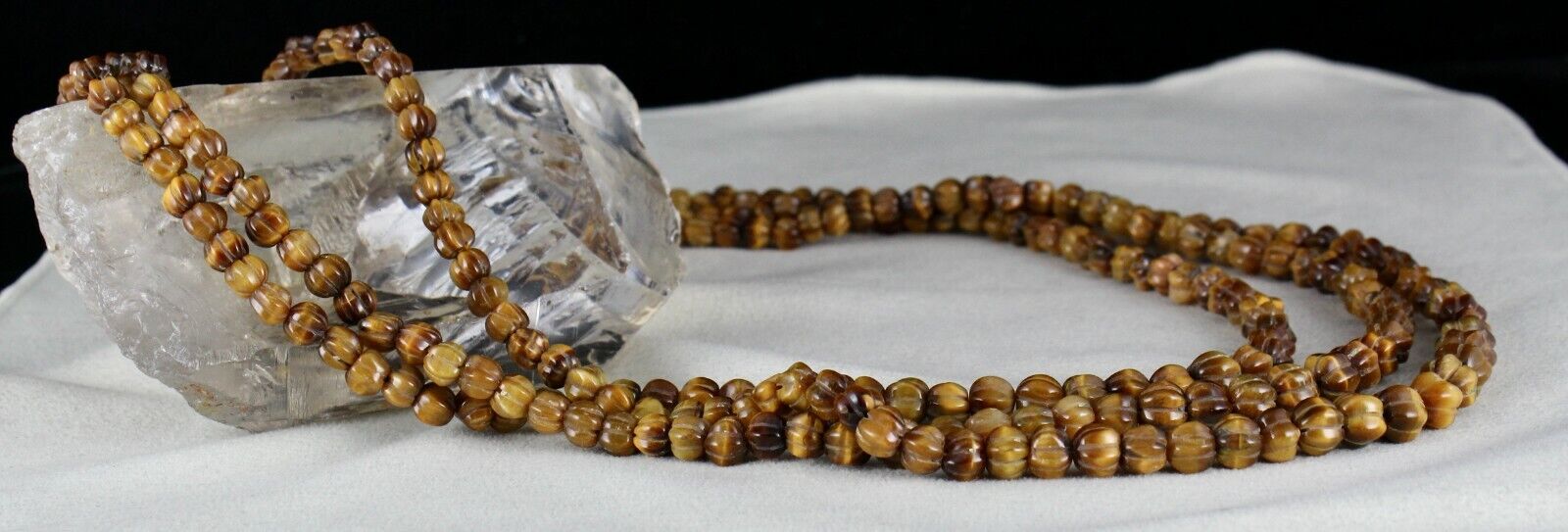 NATURAL TIGER EYE BEADS CARVED 3 LINE 593 CTS GEMSTONE LADIES ANTIQUE NECKLACE