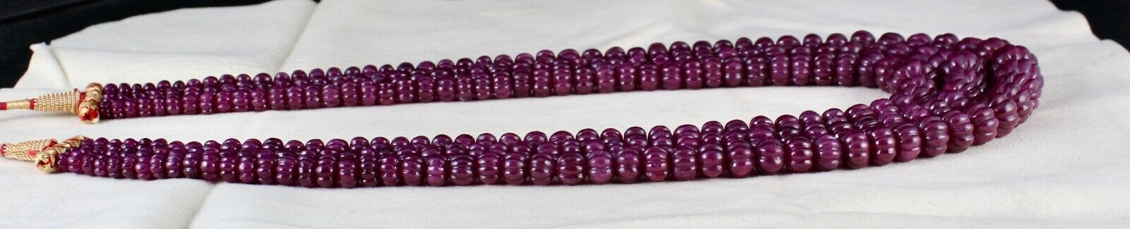 NATURAL UNTREATED RUBY BEADS CARVED MELON 3 LINE 1378 CARATS GEMSTONE NECKLACE