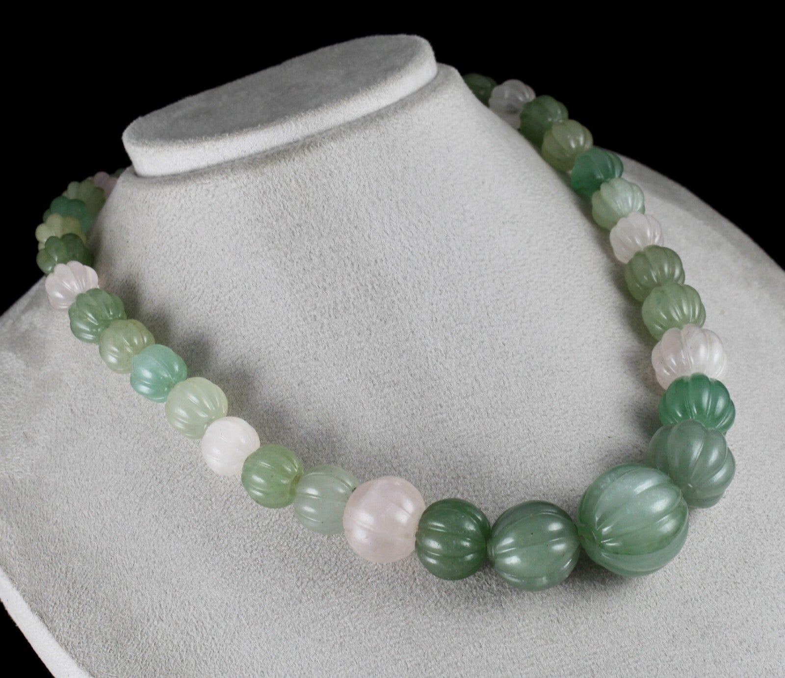 Natural Aventurine Jade Rose Quartz 854 Ct Silver Carved Bead Necklace