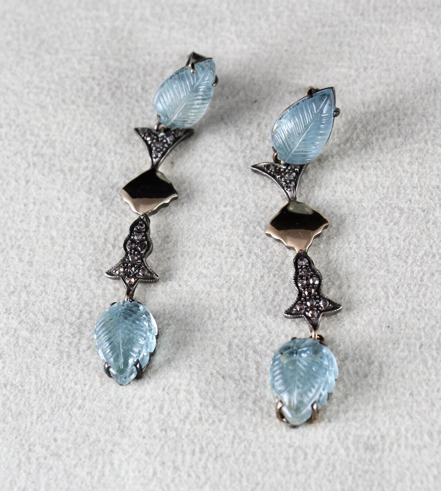 NATURAL BLUE AQUAMARINE CARVED DIAMOND 18K GOLD 925 SILVER VICTORIAN EARRING