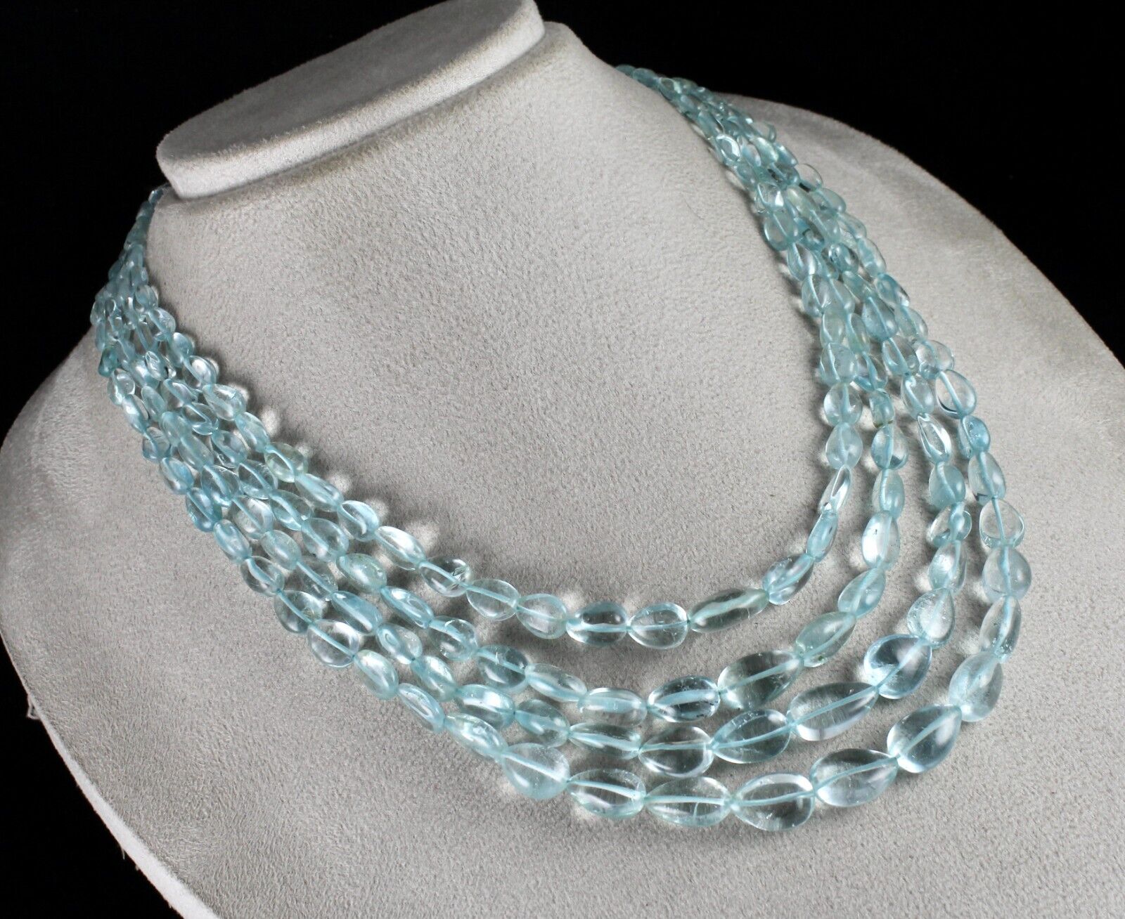 NATURAL BLUE TOPAZ BEADS DROPS 4 LINE 613 CARATS GEMSTONE BEADED FINE NECKLACE