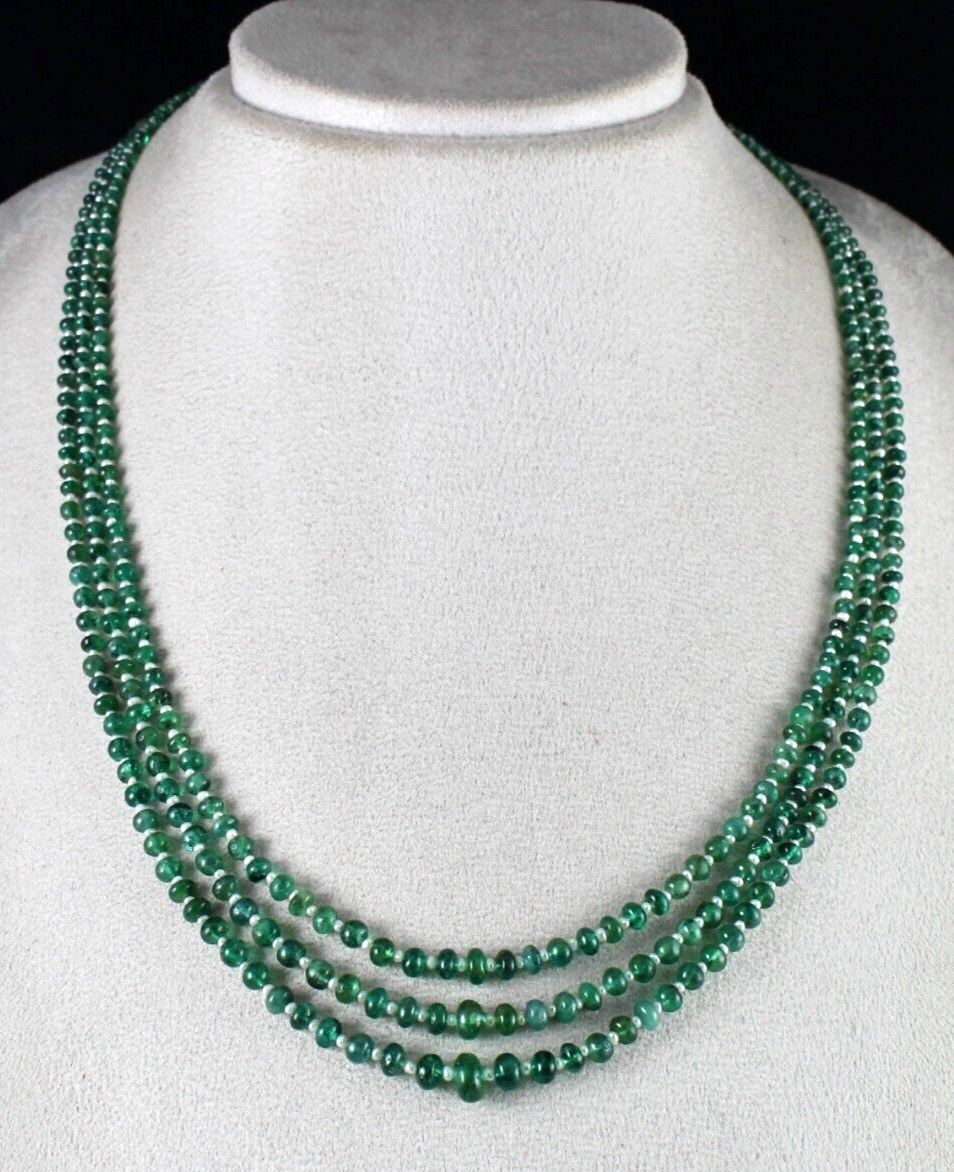 Certified Natural Emerald Pearl Round 3L 147 Ct Beaded Green Gemstone Necklace