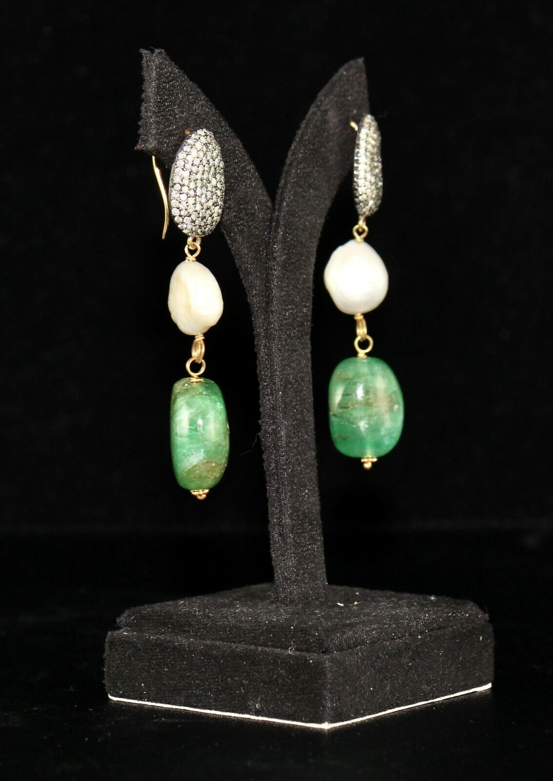 ESTATE NATURAL EMERALD TUMBLE BEADS DIAMOND PEARL 18K GOLD NECKLACE EARRING SET