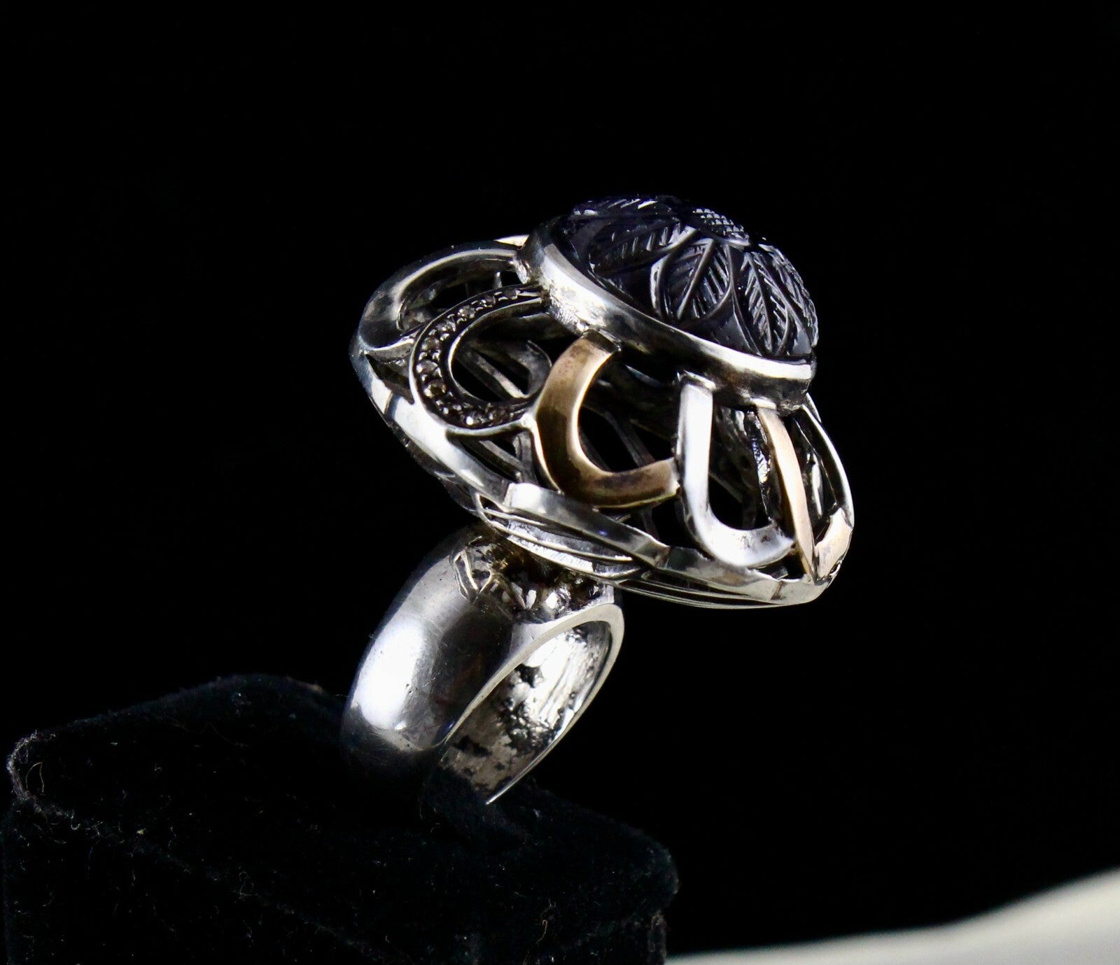 Natural Iolite 126ct Natural Diamond 18k Gold Silver Victorian Cocktail Ring