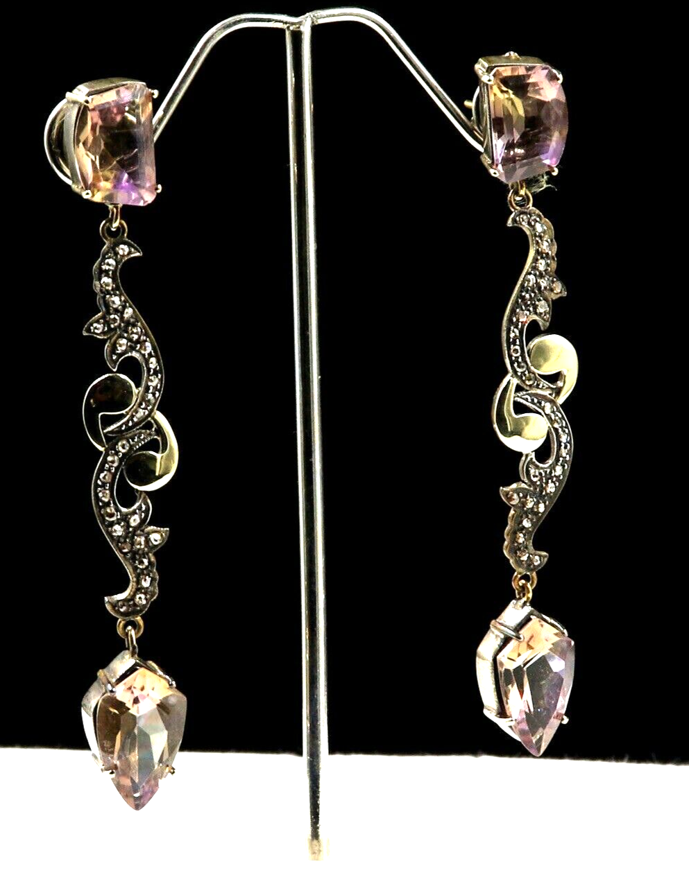 Natural Ametrine 78.34ct 18k Gold Natural Diamond & 925 Sterling Silver Earrings