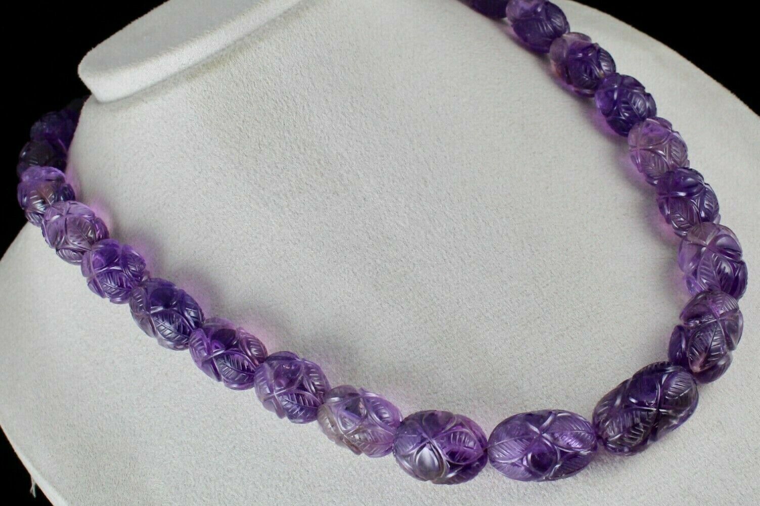 NATURAL AMETHYST ENGRAVED BEADS 955 CT PURPLE GEMSTONE SILVER VINTAGE NECKLACE