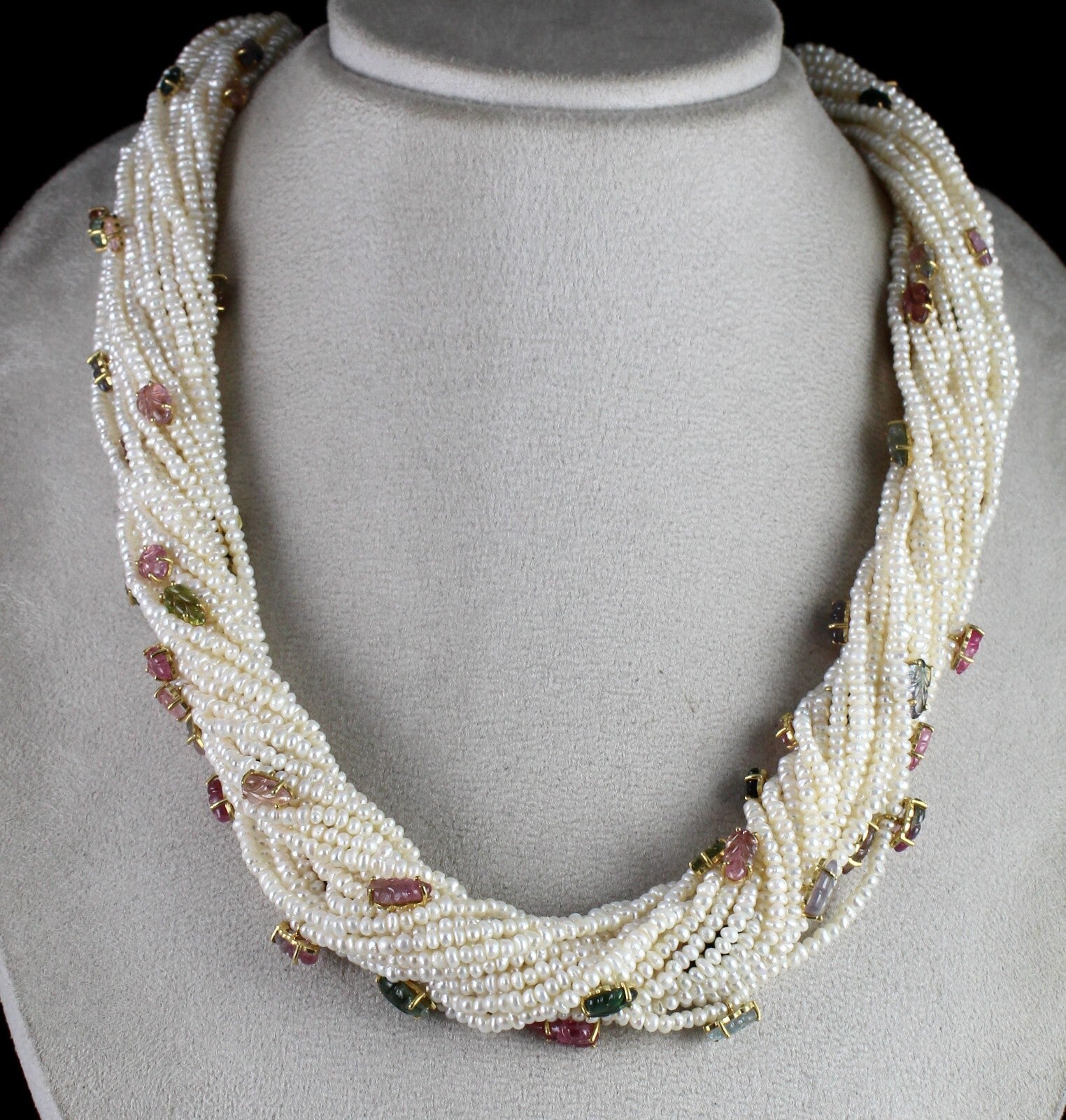 Certified Sterling Silver Designer Necklace Pearl Beads Tourmaline Leaf 972 Ct