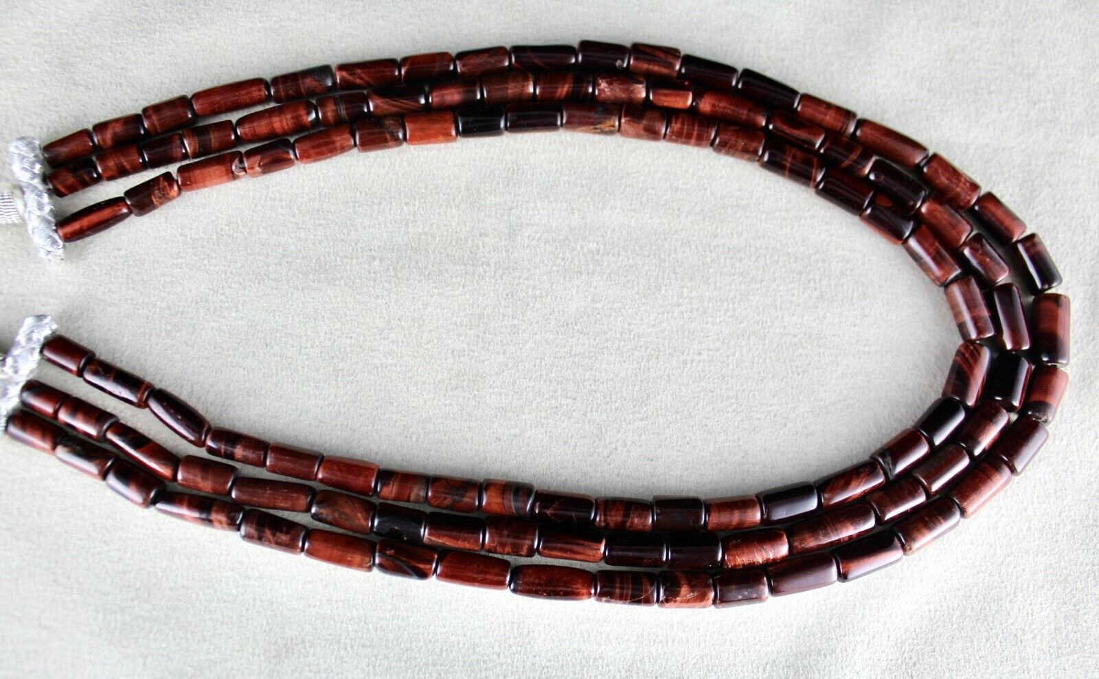 NATURAL RED TIGER EYE BEADS FANCY LONG 3 LINE 545 CTS GEMSTONE LADIES NECKLACE