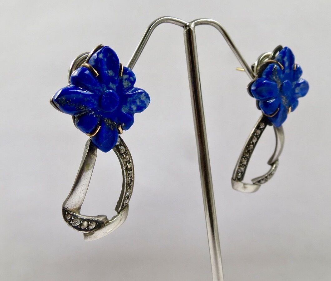 Natural Lapis Lazuli Carved Flower Diamond 18K Gold Silver Victorian Earring