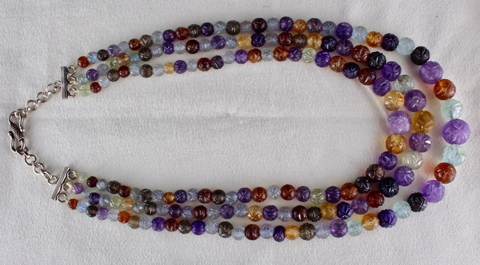 NATURAL MULTI AMETHYST CITRINE AQUAMARINE BEADS CARVED 708 CTS GEMSTONE NECKLACE