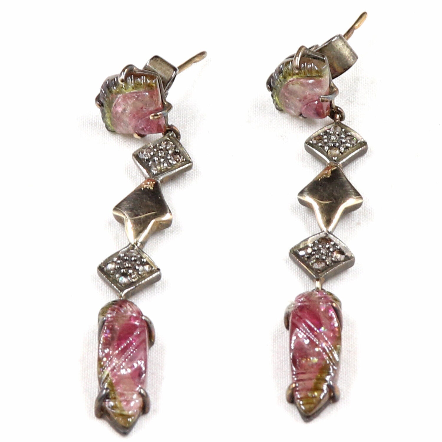 Estate Natural Multi Tourmaline Carved Diamond 18K Gold Silver Victorian Earring