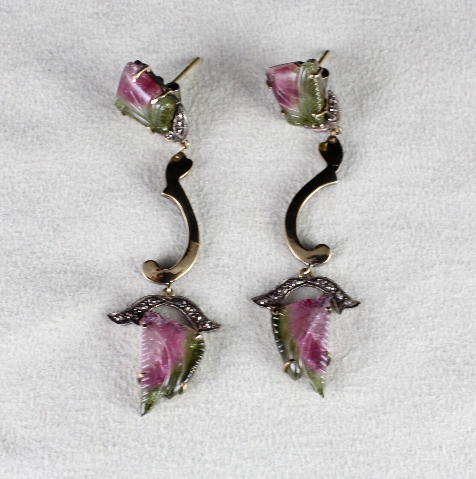 NATURAL MULTI TOURMALINE GEMSTONE DIAMOND 18K GOLD 925 SILVER VICTORIAN EARRING