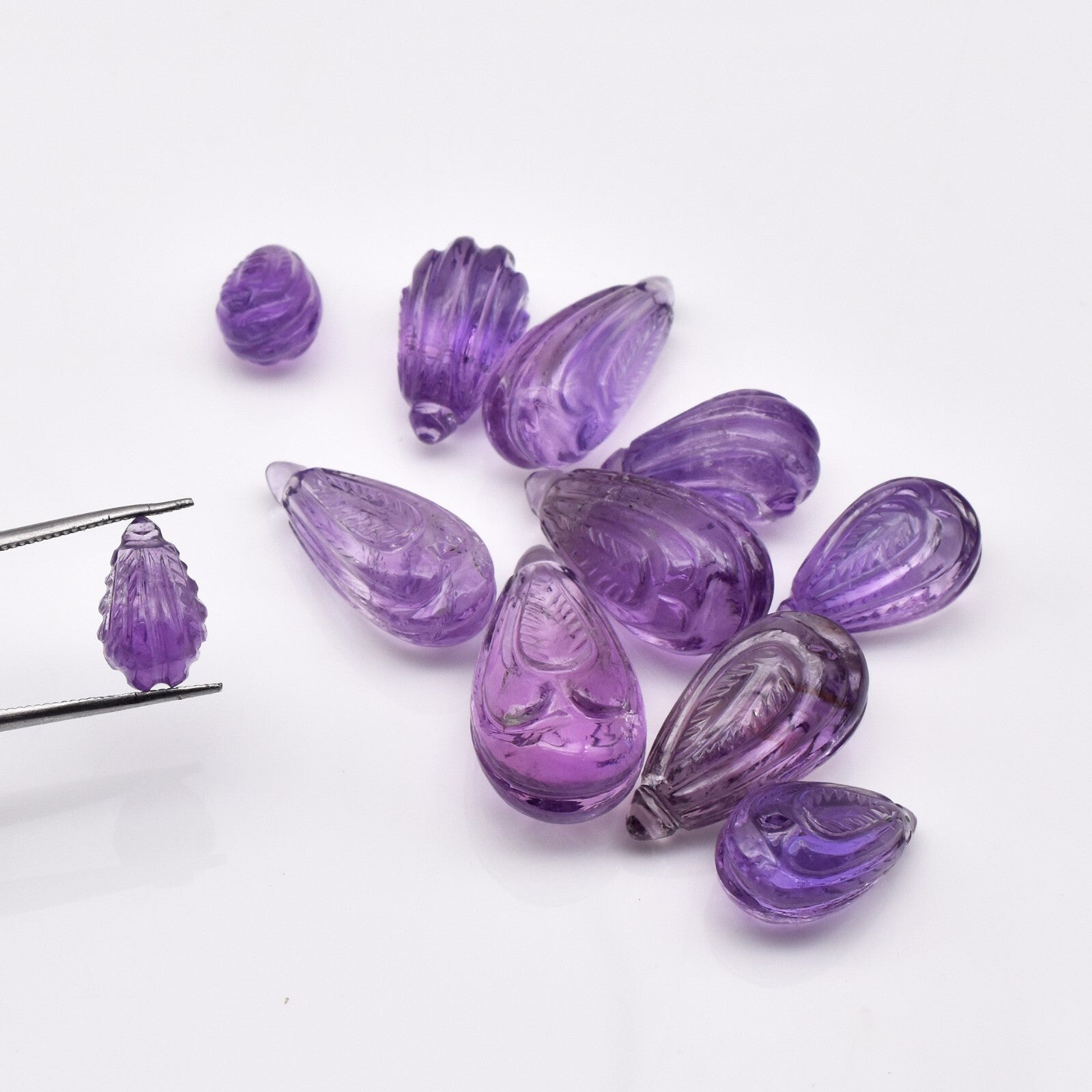 Natural Amethyst 131.8ct Engraved Drop 11pc Gemstone Earring Necklace Set