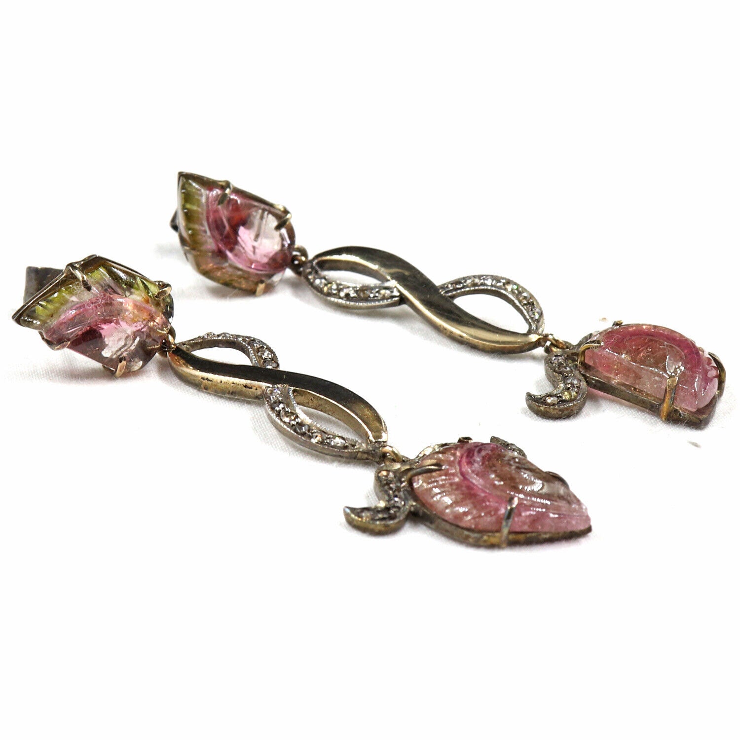 NATURAL BI COLOR TOURMALINE CARVED DIAMOND 18K GOLD 925 SILVER VICTORIAN EARRING