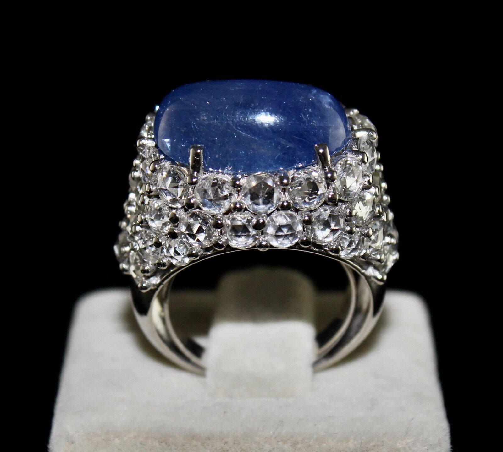 Natural Blue Sapphire Cabochon Rose Cut Diamond Studded 18k Gold Cocktail Ring