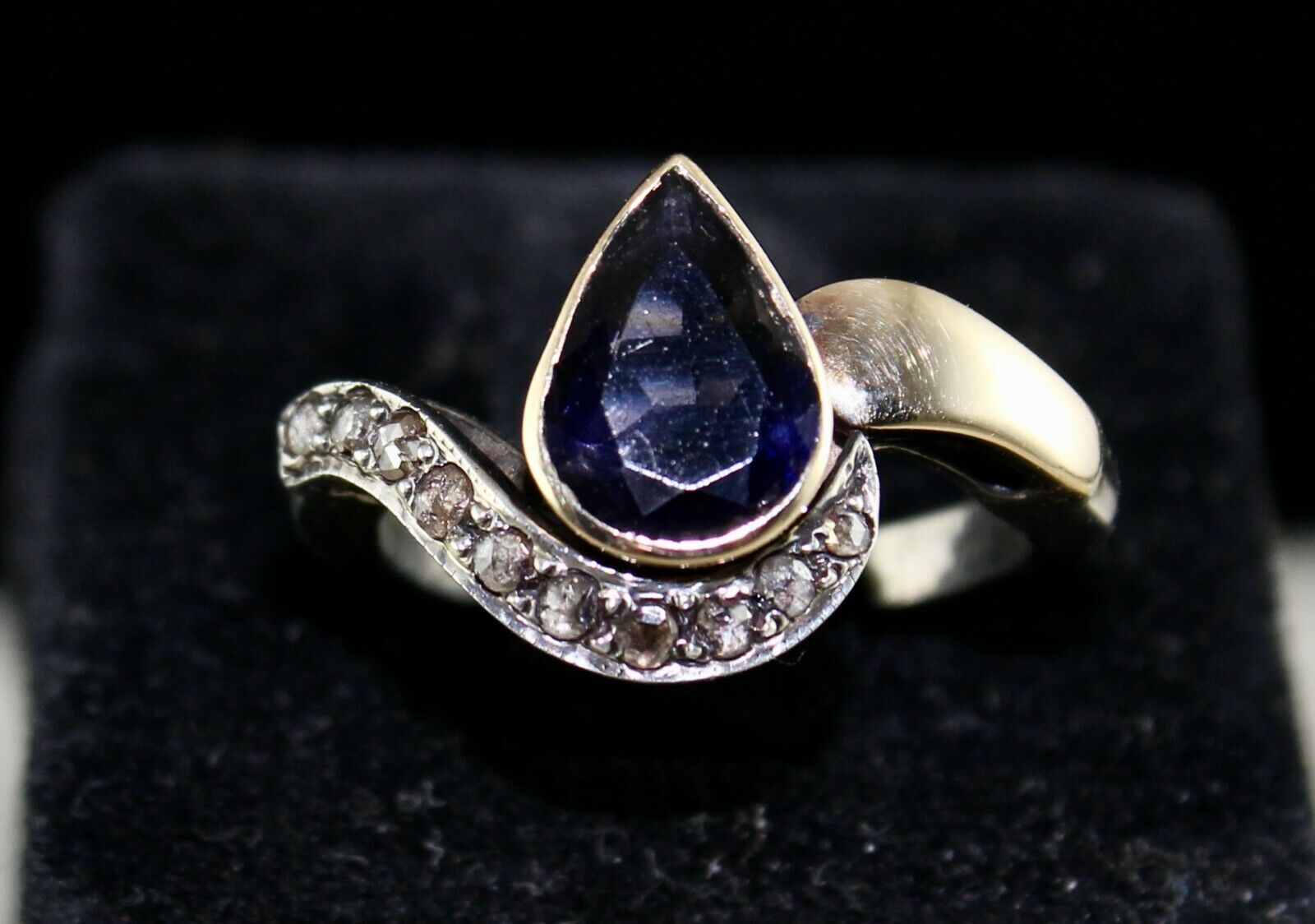 OLD NATURAL BLUE IOLITE PEAR CUT DIAMOND 18K GOLD SILVER VICTORIAN WOMEN RING