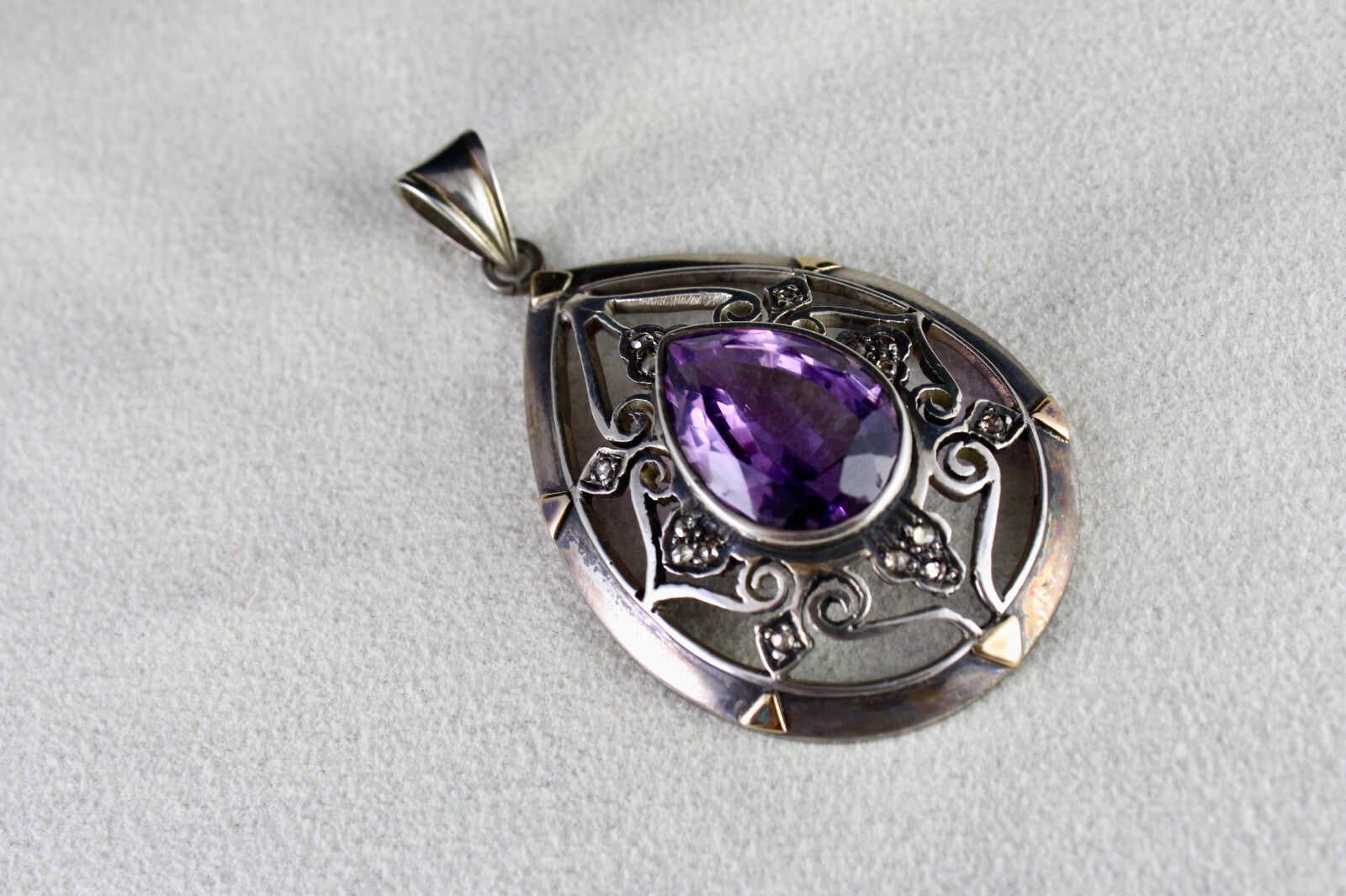 Antique Natural Amethyst 10ct Diamond Victorian Pendant Sterling Silver Gold
