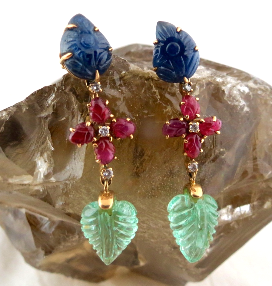 Certified Estate Natural Emerald 10ct Ruby Sapphire Carved Diamond 18k Earrings