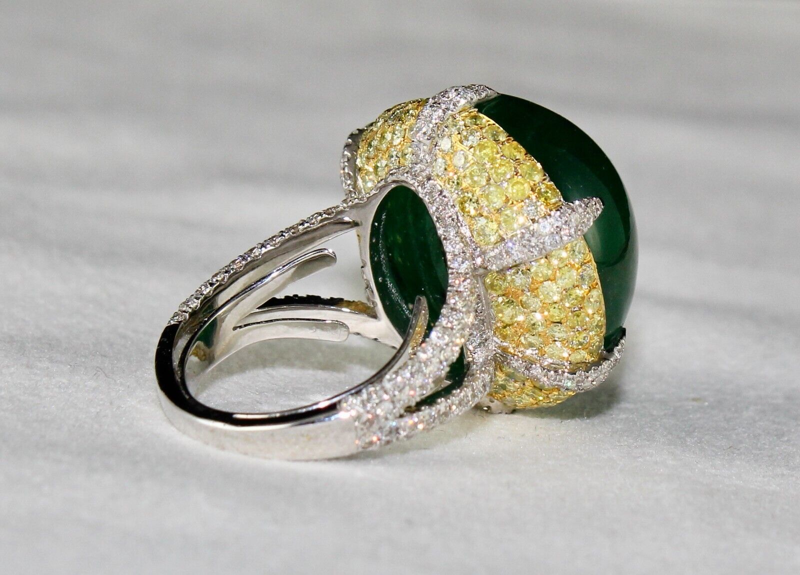 Natural Zambian Emerald Cabochon Yellow Diamond 18K Gold Gemstone Statement Ring