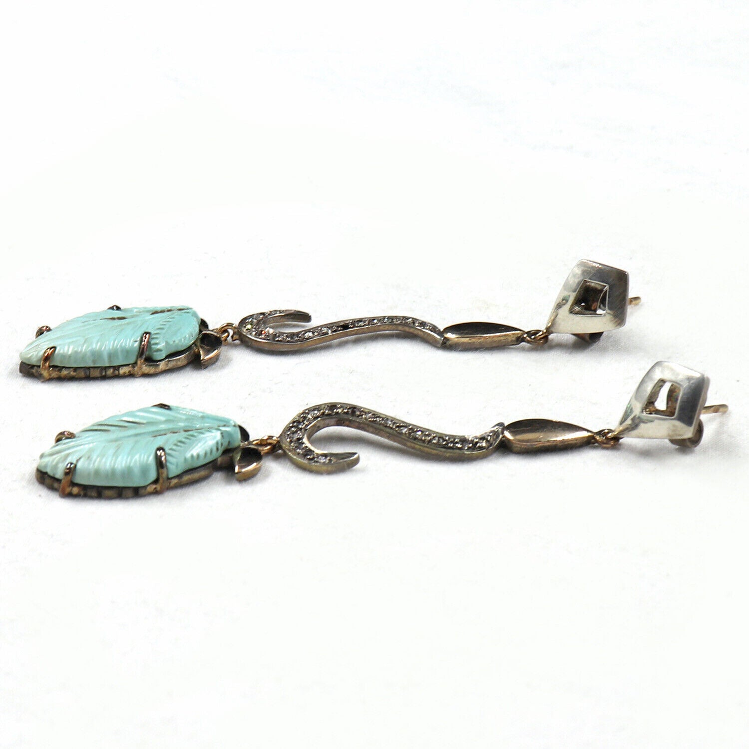 Turquoise Carved Leaves Diamond 18K Gold 925 Silver Victorian Gemstone Earring