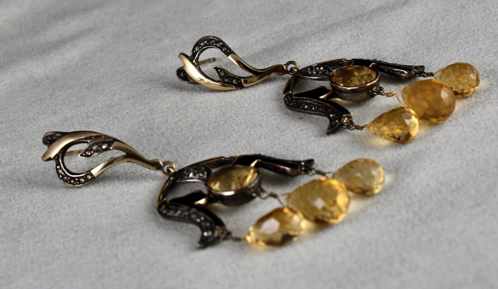 Natural Yellow Citrine Cut Diamond 18K Gold 925 Silver Victorian Vintage Earring