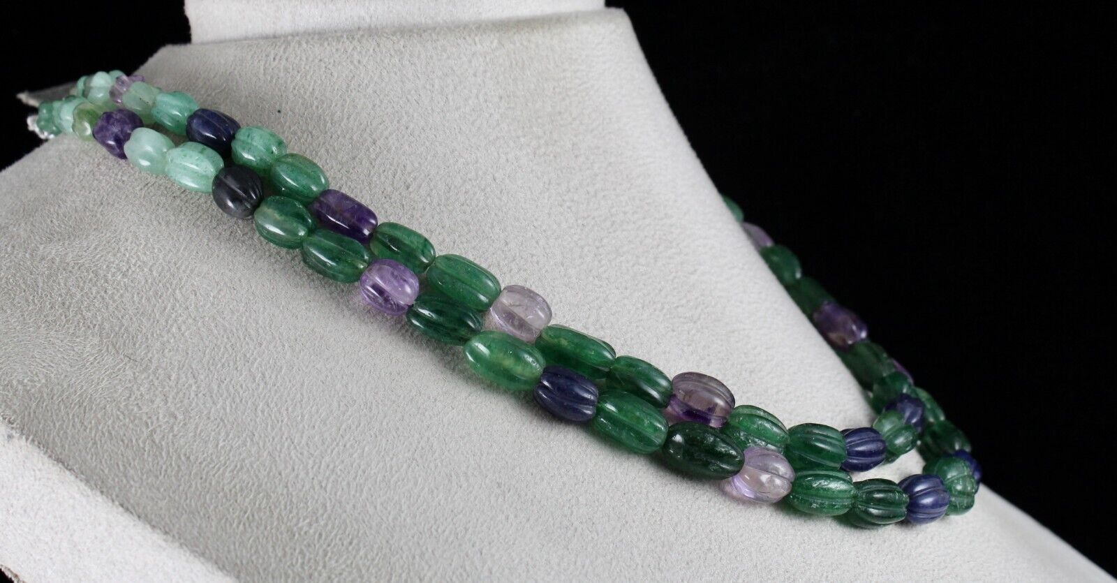 MULTI MIX CARVED SEMI-PRECIOUS BEADS 2 LINE 397 CARATS GEMSTONE FASHION NECKLACE