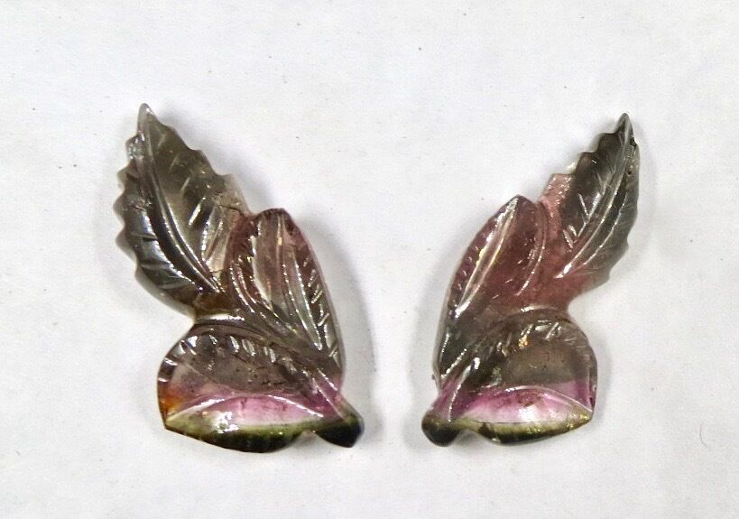 NATURAL MULTI TOURMALINE CARVED LEAVES 2 PCS 35.75 CARATS GEMSTONE EARRING