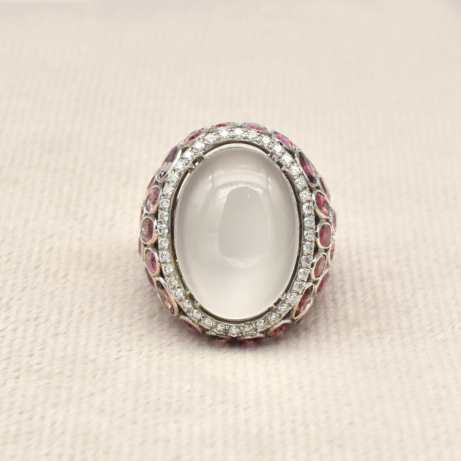 Natural Moonstone 76.25ct Pink Tourmaline Moissanite Sterling Silver Ring