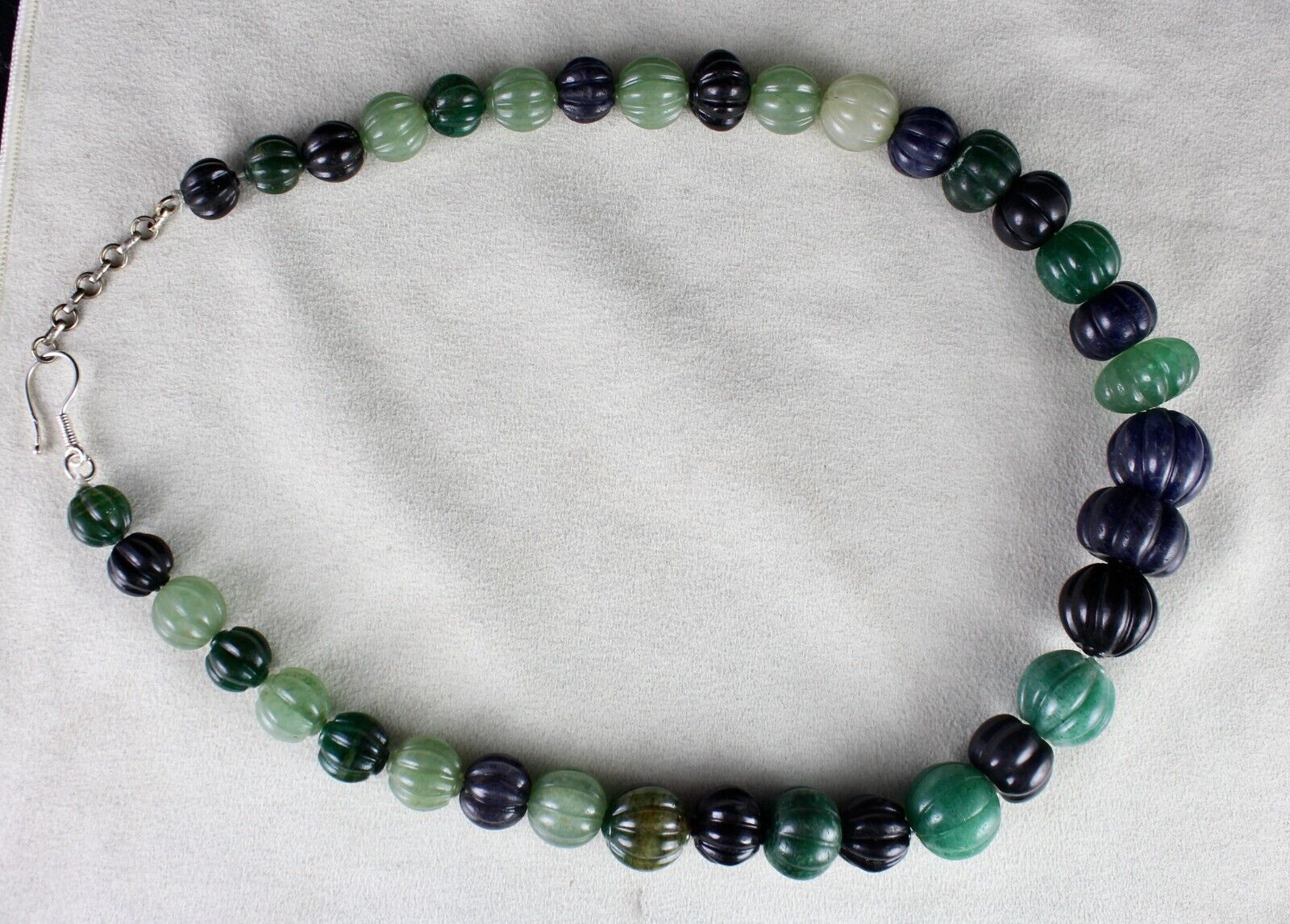 Natural Multi Jade Melon Carved Beads 960 Ct Blue Green Gemstone Silver Necklace